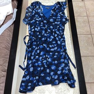 Armani Exchange blue and black chiffon faux wrap dress with abstract print